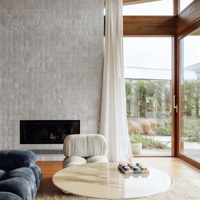 Light blue zellige chimney wall tiles